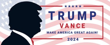 Donald Trump 2024 kampanya logosu ve Donald Trump 'ın portresi. Beyaz arkaplanda izole