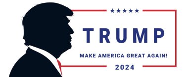 Donald Trump 2024 kampanya logosu ve Donald Trump 'ın portresi. Beyaz arkaplanda izole