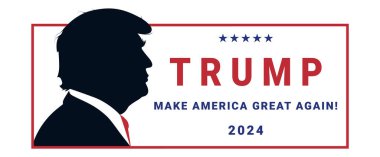Donald Trump 2024 kampanya logosu ve Donald Trump 'ın portresi. Beyaz arkaplanda izole