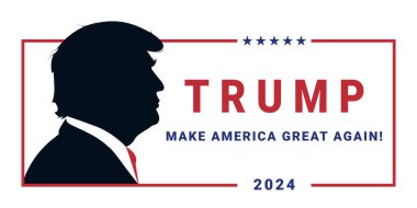 Donald Trump 2024 kampanya logosu ve Donald Trump 'ın portresi. Beyaz arkaplanda izole