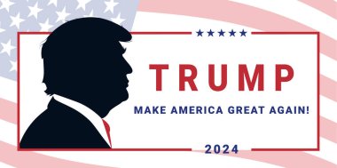 Donald Trump 2024 kampanya logosu ve Donald Trump 'ın portresi.
