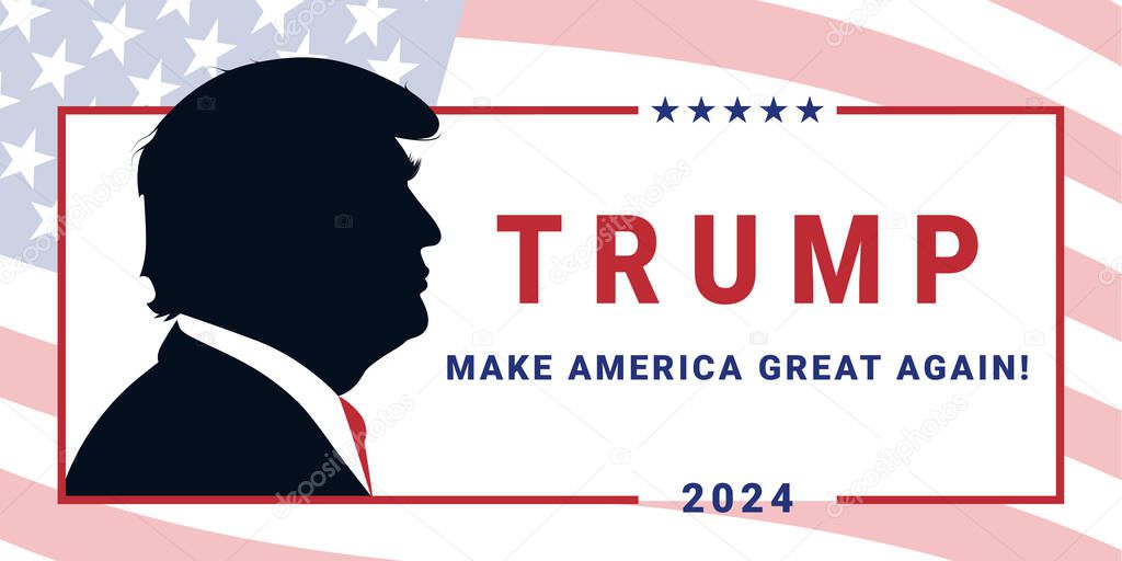 Donald Trump 2024 campaign logo and portrait of Donald Trump.