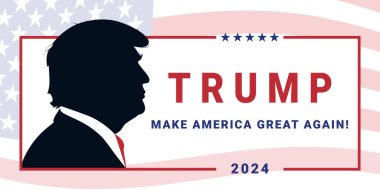 Donald Trump 2024 kampanya logosu ve Donald Trump 'ın portresi. Beyaz arkaplanda izole