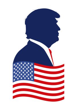 Amerika Birleşik Devletleri 'nin 45. Başkanı Donald Trump' ın siluet profili Amerikan bayrağının arka planına karşı. Beyazda izole edilmiş.