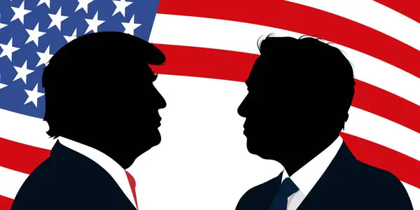 Amerikan bayrağının arka planında Donald Trump ve Elon Musk 'un siluetlerinin portreleri.