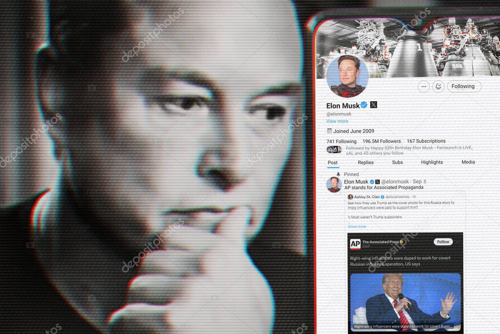 Ukraine. Poltava. September 5, 2024. Elon Musk's profile on a smartphone screen. New tweet with text. Portrait of Elon Musk in the background.