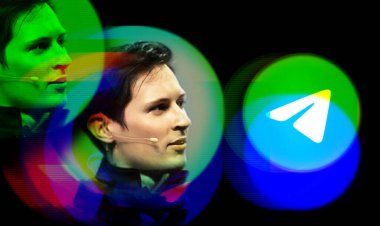 2024: Bu fotoğrafta Telegram uygulamalarının logosu ve Telegram kanalındaki sayfasında kurucusu Pavel Durov 'un fotoğrafı var. Arıza efekti.
