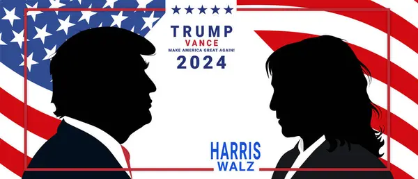 Kamala Harris 'in Donald Trump' la karşılaşma görüntüsü. Trump, Harris ve onların kampanya logolarının portresi.