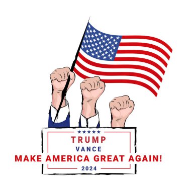 2024 Donald Trump kampanya logosu. Arka planda ABD bayrağı var.