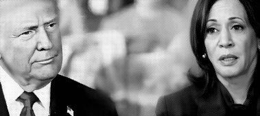 Donald Trump ve Kamala Harris 'in portresi. Yarım tonlu siyah beyaz fotoğraf kolajı