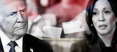 Donald Trump ve Kamala Harris 'in portresi. Yarım tonlu siyah beyaz fotoğraf kolajı