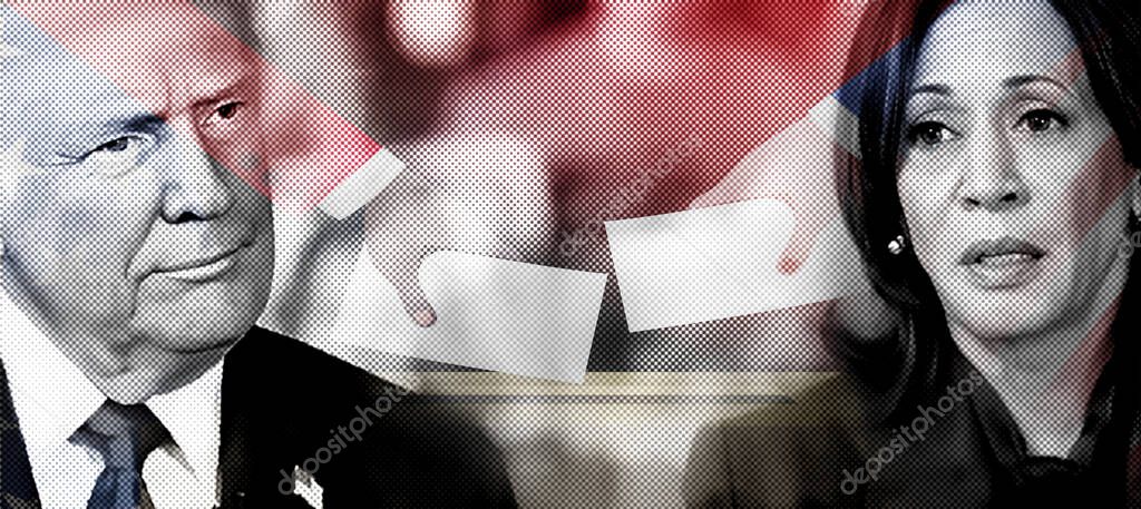 Portrait of Donald Trump and Kamala Harris. Black and white Photo collage with halftone effect