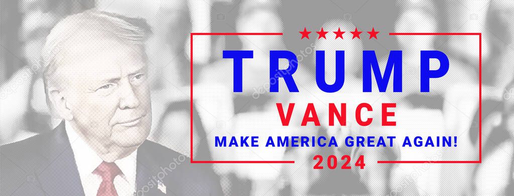 Donald Trump Presidential Campaign 2024 logo and portrait of Donald Trump in front of a crowd of people. Halftone effect. Wide format.