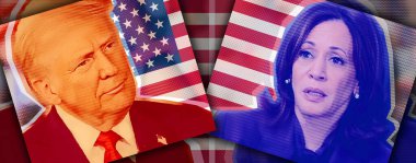 Yarım tonlu fotoğraf kolajı. Fotoğraf: Donald Trump ve Kamala Harris 'in Amerikan bayrağının arka planındaki portresi.
