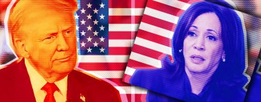 Yarım tonlu fotoğraf kolajı. Fotoğraf: Donald Trump ve Kamala Harris 'in Amerikan bayrağının arka planındaki portresi.