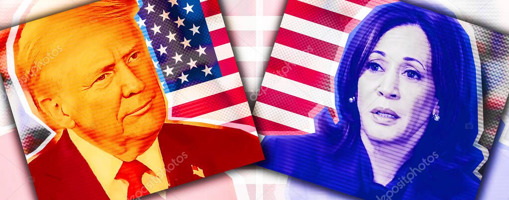 Photo collage with halftone effect. Photo illustration Portrait of Donald Trump and Kamala Harris against the background of the American flag.