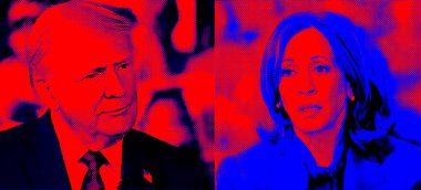 Donald Trump ve Kamala Harris 'in portresi. Yarım tonlu siyah beyaz fotoğraf kolajı