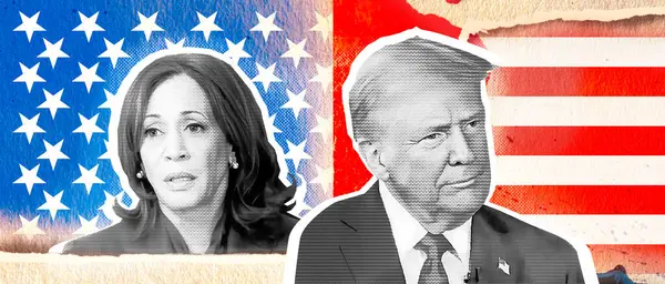 Yarım tonlu fotoğraf kolajı. Fotoğraf: Donald Trump ve Kamala Harris 'in Amerikan bayrağının arka planındaki portresi.