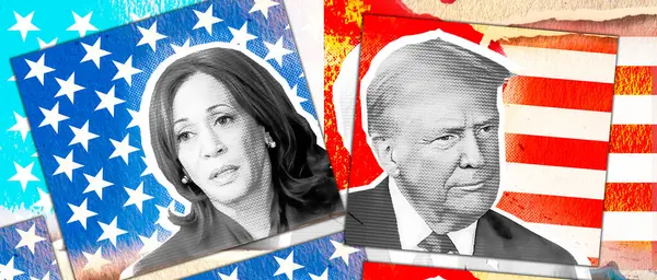Yarım tonlu fotoğraf kolajı. Fotoğraf: Donald Trump ve Kamala Harris 'in Amerikan bayrağının arka planındaki portresi.