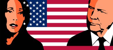 Kamala Harris 'in Donald Trump' la dövüşünün karakteri. ABD bayrağının önünde Trump ve Harris 'in portresi.