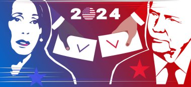 Donald Trump and Kamala Harris against the background of the hands of voters. The concept of the presidential election in America in 2024. clipart