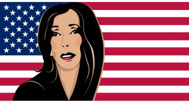 Amerikan bayrağının önünde Kamala Harris 'in portresi. Demokrat Kamala Harris 'in resmi.