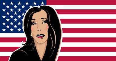 Amerikan bayrağının önünde Kamala Harris 'in portresi. Demokrat Kamala Harris 'in resmi.