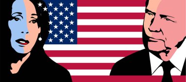 Kamala Harris 'in Donald Trump' la dövüşünün karakteri. ABD bayrağının önünde Trump ve Harris 'in portresi.