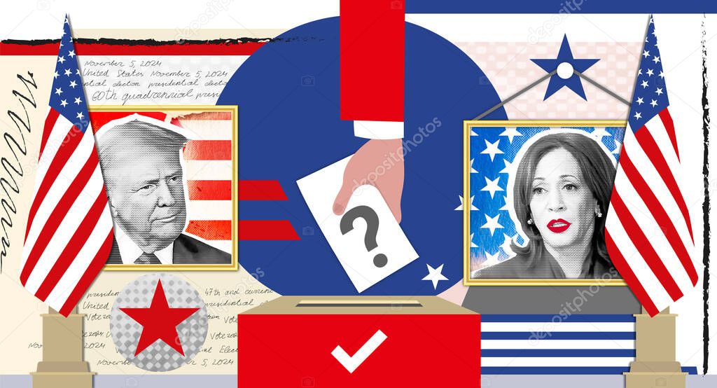 Portrait of Donald Trump and Kamala Harris. Collage illustrative photography for the 2024 United States presidential election