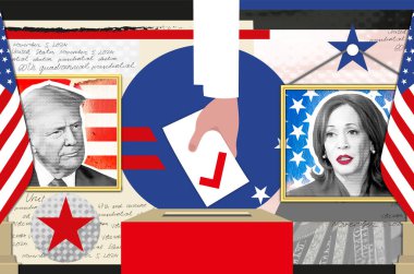 Donald Trump ve Kamala Harris 'in portresi. 2024 ABD başkanlık seçimleri için kolaj illüstrasyon fotoğrafçılığı