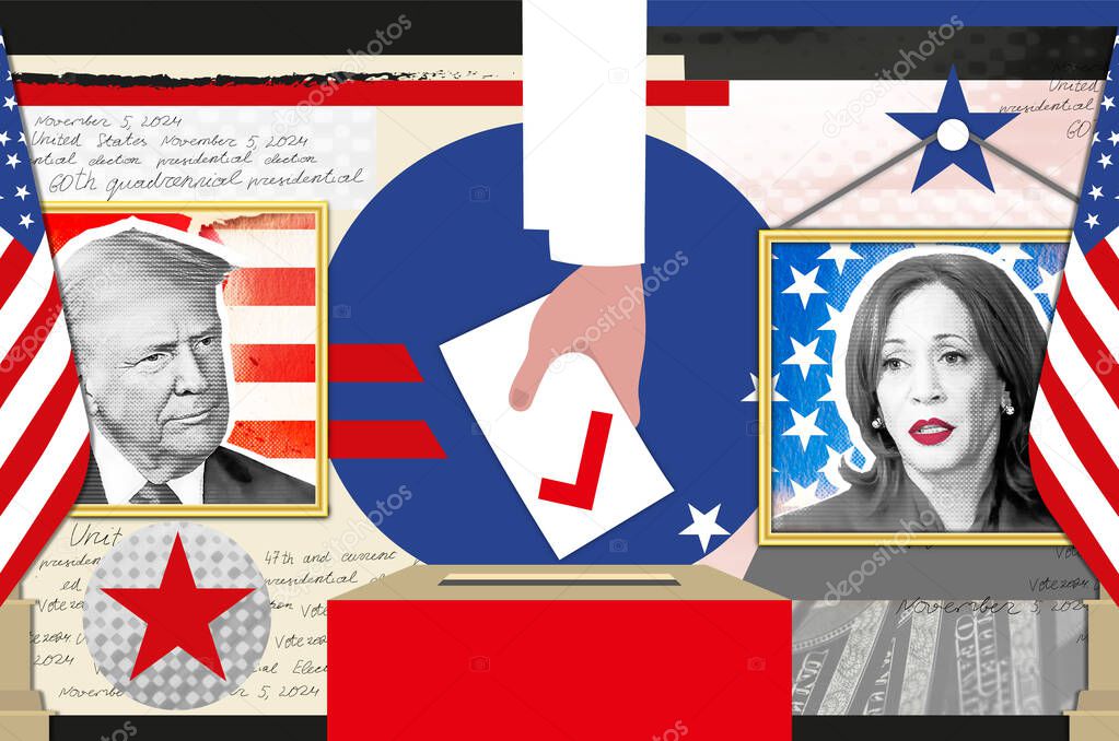 Portrait of Donald Trump and Kamala Harris. Collage illustrative photography for the 2024 United States presidential election