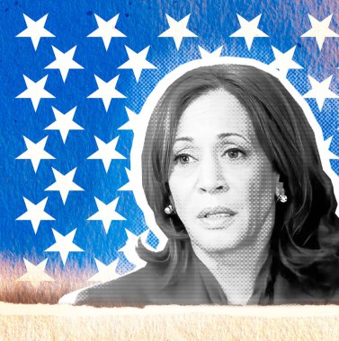 Demokrat Kamala Harris 'in portresi beyaz yıldızlı mavi bir arka plana karşı. Yarıton etkisi