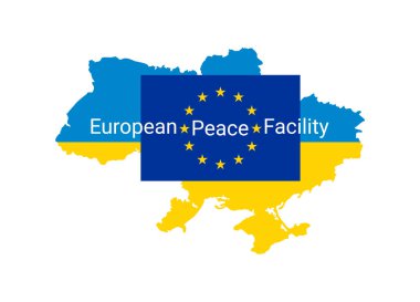 The flag of the European Union with the text European Peace Facility on the background of a map of Ukraine, colored in the color of the flag of Ukraine. clipart