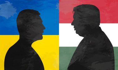 Viktor Orban ve Volodymyr Zelenskyy 'nin silueti Ukrayna ve Macaristan bayraklarının arka planına karşı.