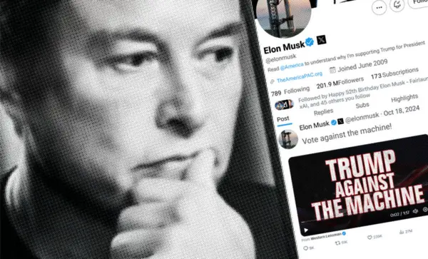 Ukrayna. Poltava. 18 Ekim. Elon Musk profili akıllı telefon ekranında. Mesajlı yeni tweet. Arka planda Elon Musk 'un odaksız bir portresi var..