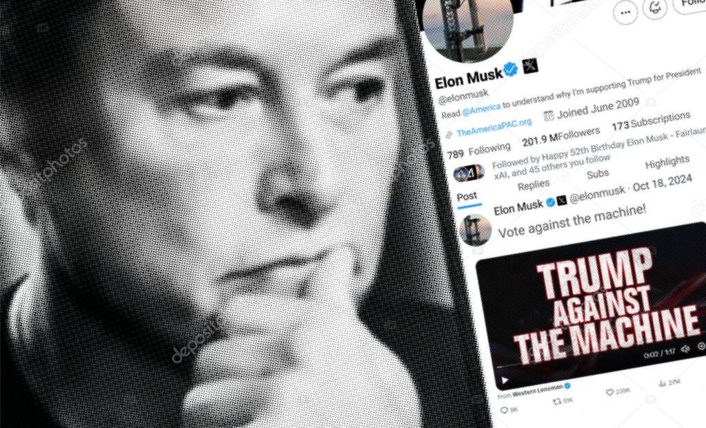 Ukraine. Poltava. October 18. Elon Musk profile on a smartphone screen. New tweet with text. In the background is a defocused portrait of Elon Musk.
