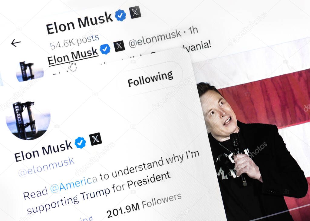 Ukraine. Poltava. October 19, 2024.Photo of Elon Musk Twitter page on a laptop screen during a speech at a town hall in Philadelphia, Pennsylvania.
