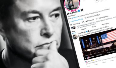 Ukrayna. Poltava. 20 Ekim 2024. Elon Musk profili akıllı telefon ekranında. Mesajlı yeni tweet. Arka planda Elon Musk 'un Portresi.