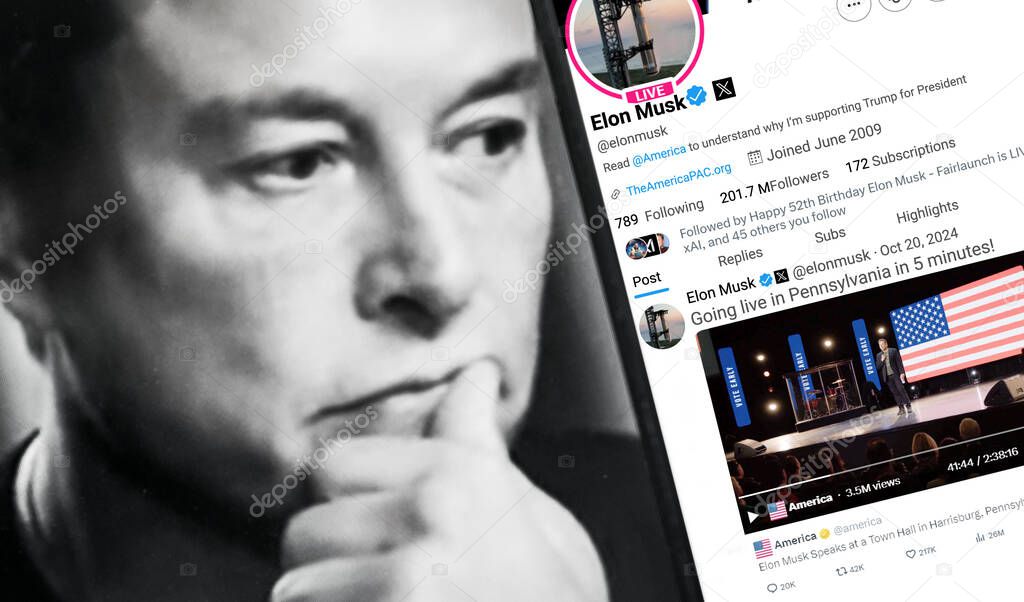 Ukraine. Poltava. October 20, 2024 . Elon Musk profile on a smartphone screen. New tweet with text. Portrait of Elon Musk in the background.