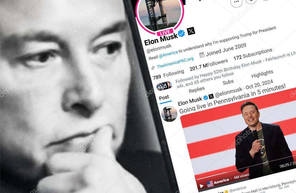 Ukraine. Poltava. October 20, 2024 . Elon Musk profile on a smartphone screen. New tweet with text. In the background is a defocused portrait of Elon Musk.