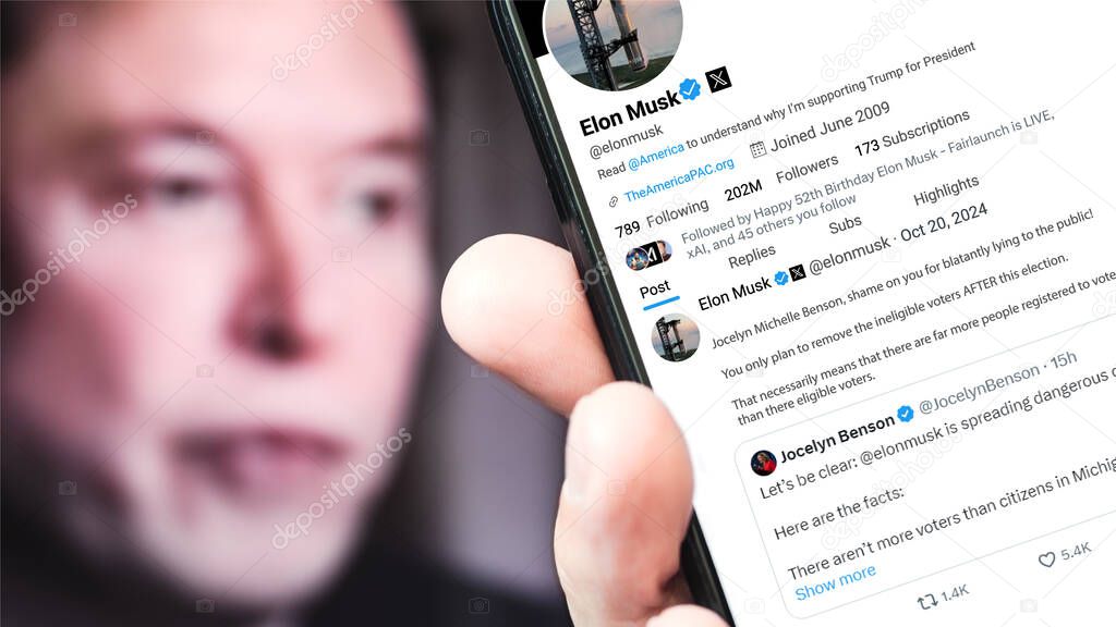 Ukraine. Poltava. October 20, 2024. Elon Musk profile on a smartphone screen. New tweet with text. In the background is a defocused portrait of Elon Musk.