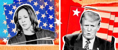 Yarım tonlu fotoğraf kolajı. Fotoğraf: Donald Trump ve Kamala Harris 'in Amerikan bayrağının arka planındaki portresi.