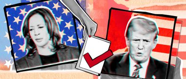 Donald Trump ve Kamala Harris 'in portresi. Yarım tonlu siyah beyaz fotoğraf kolajı