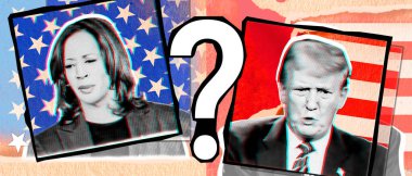 Yarım tonlu fotoğraf kolajı. Fotoğraf: Donald Trump ve Kamala Harris 'in Amerikan bayrağının arka planındaki portresi.