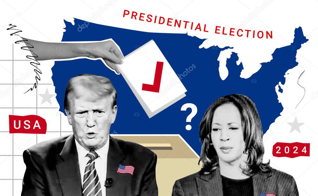 Portrait of Donald Trump and Kamala Harris. Black and white Photo collage with halftone effect