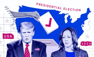 Portrait of Donald Trump and Kamala Harris. Collage illustrative photography for the 2024 United States presidential election clipart