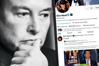 Boryspil . Ukrayna. 29 Ekim 2024. Elon Musk Twitter profili sayfası. Arka planda Elon Musk 'un odaksız bir portresi var..