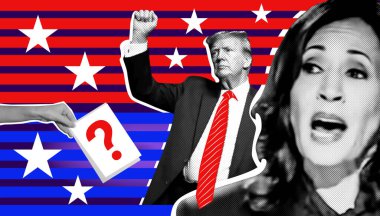 Donald Trump ve Kamala Harris 'in portresi. Yarım tonlu resimli fotoğraf kolajı
