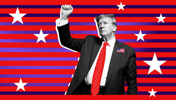 Illustrative photo collage with halftone effect. Portrait of Donald Trump . Illustrative photo collage with halftone effect