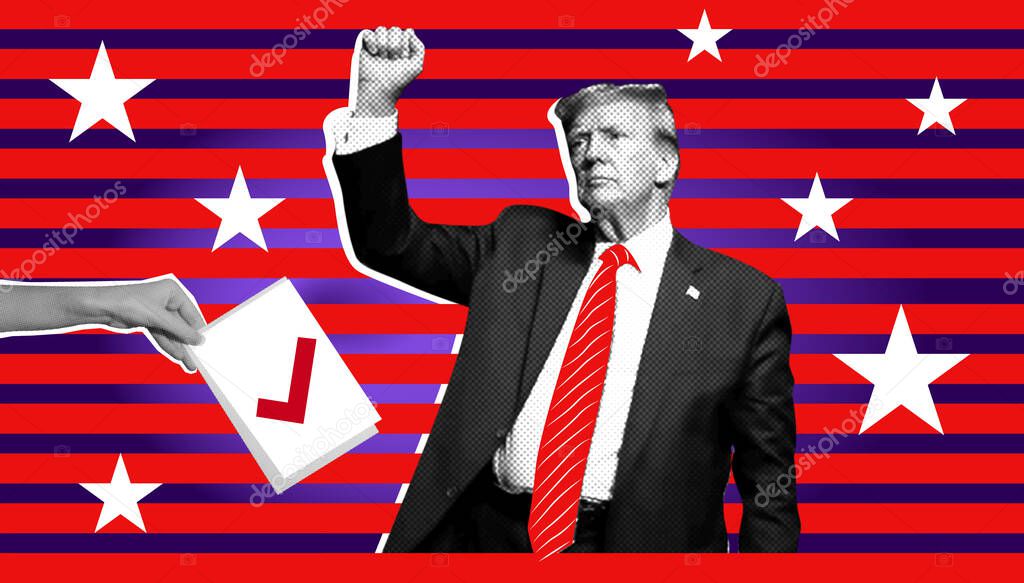 Illustrative photo collage with halftone effect. Portrait of Donald Trump . Illustrative photo collage with halftone effect
